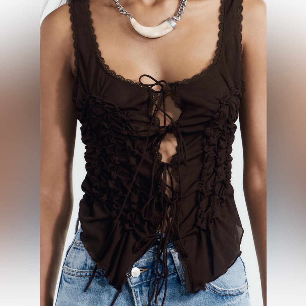 New Zara Tied Ruched Top Chocolate - Picture 3 of 6